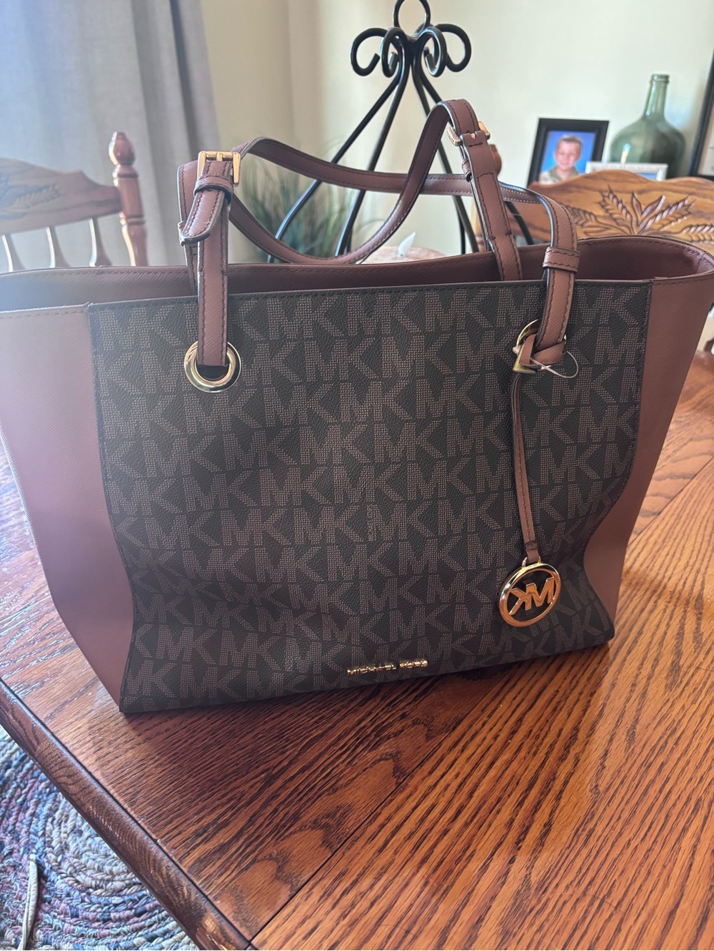 Michael Kors Brown MK Monogram Tote with Gold Hardware